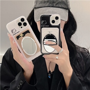 kt猫卡包苹果17air/15promax镜子手机壳插卡包13适用14苹果16promax透明软硅胶套全包保护壳零钱包卡通黑白色