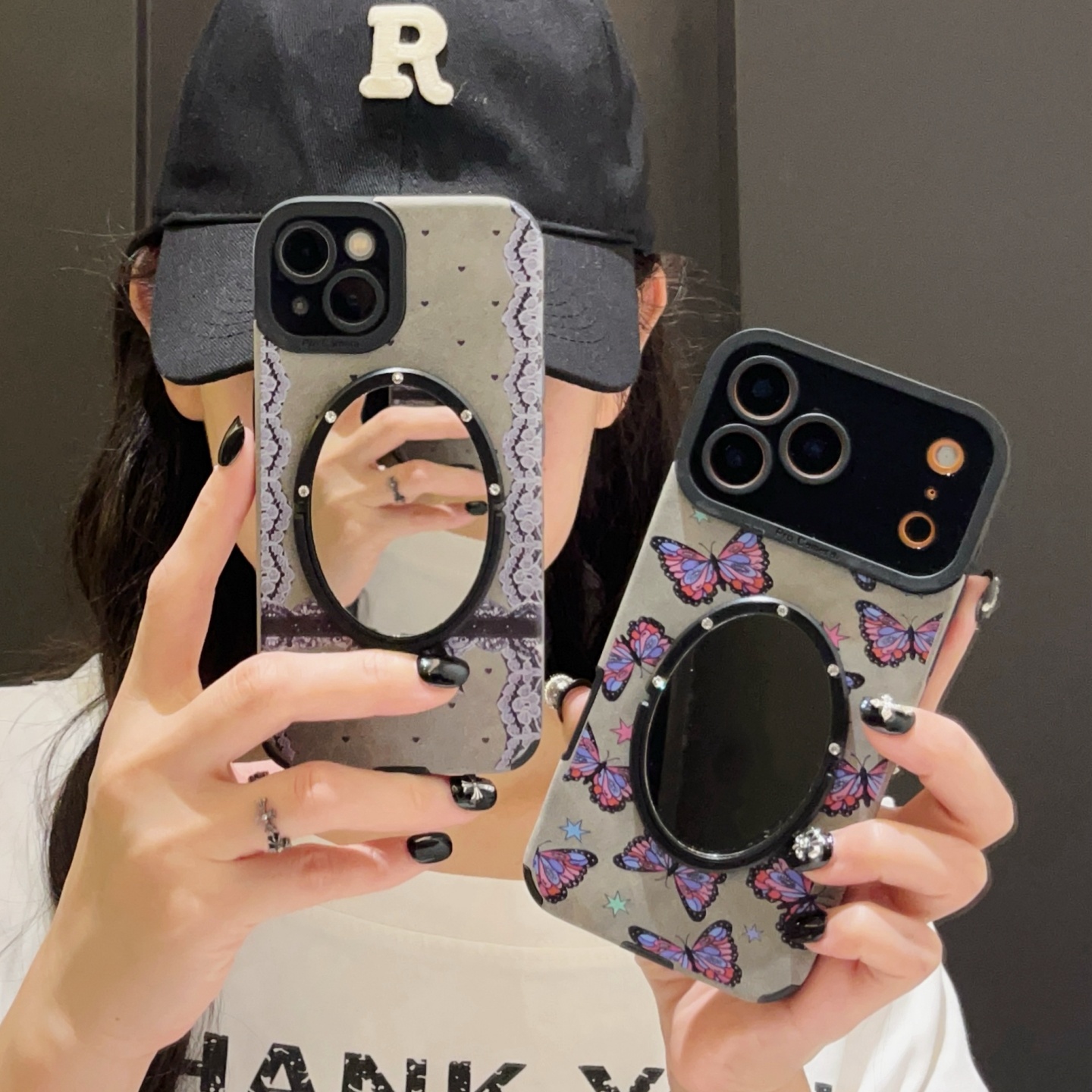 紫色大蝴蝶翻毛皮适用iphone17/16promax镜子手机壳皮质13/14苹果15pro花边蕾丝蝴蝶结保护壳灰色小羊皮全包 3C数码配件手机保护套/壳原图主图