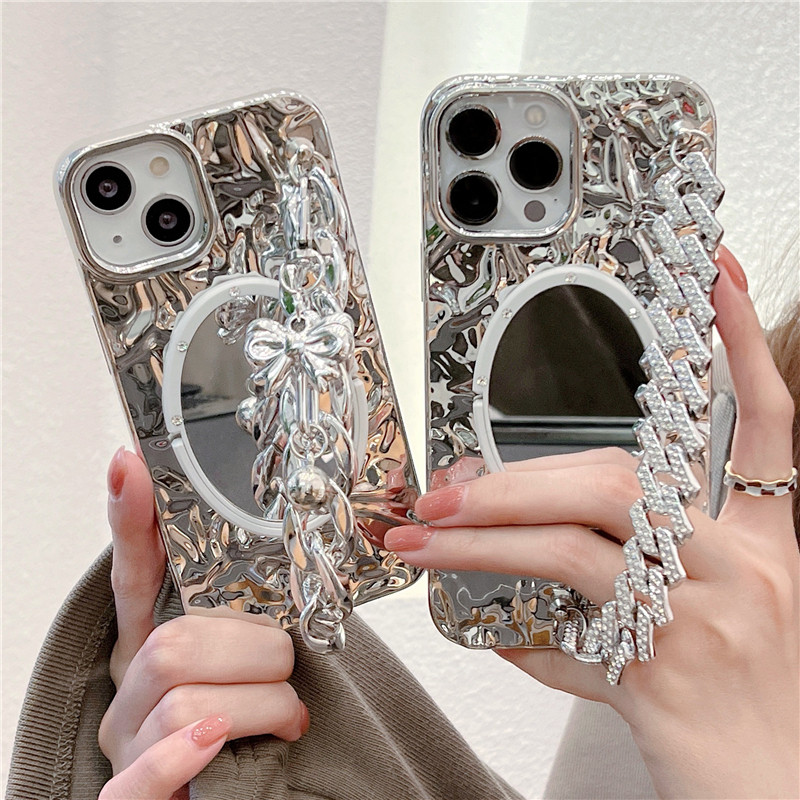 满钻链条适用iphone17/16promax镜子手机壳14pro苹果15/13电镀银锡纸保护套蝴蝶腕带手链硅胶亮面高级感软壳