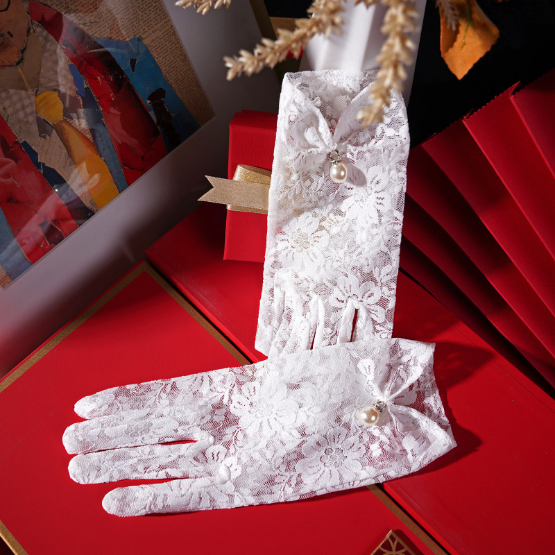 신부 장갑 짧은 웨딩 드레스 레이스 겨울 한국어 우아한 토스트 웨딩 웨딩 화이트 진주 장갑