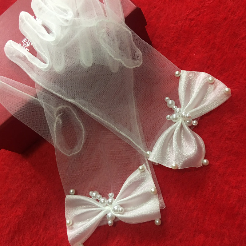 메쉬 활 한국 스타일 모조 진주 짧은 전체 손가락 웨딩 드레스 신부 웨딩 장갑 사진 액세서리