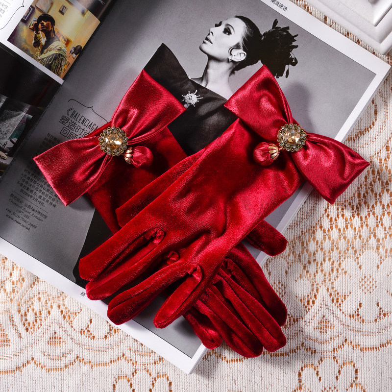 새로운 새틴 부르고뉴 보우 장갑 신부 토스트 의류 액세서리 사진 스튜디오 사진 스타일 사진 액세서리 연례 회의