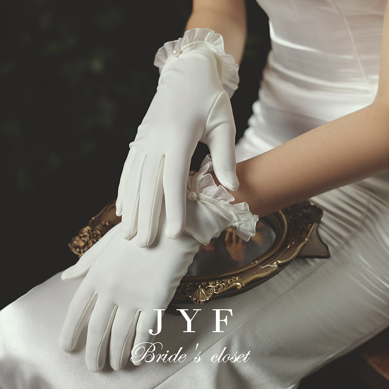 오리지널 그레이스 밀키 화이트 신부 웨딩 드레스 장갑 짧은 스티치 비즈 레트로 사진 액세서리