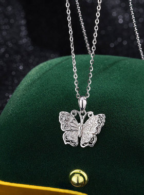 帝丰s999足银花丝蝴蝶项链女古法吊坠国潮风锁骨链高级感气质配饰