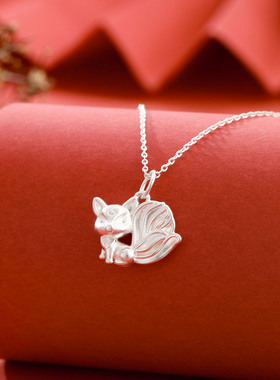 S999纯银足银项链女3D硬银锁骨链网红小众设计个性狐狸吊坠银饰品