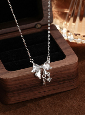 s999纯银足银蝴蝶结项链女ins星光璀璨甜美锁骨链夏季新款颈链
