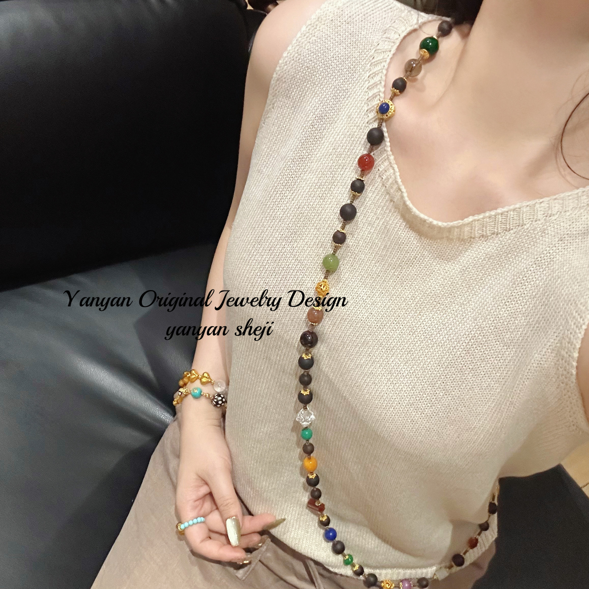 新中式国风复古纯手工檀香木编织多宝斜挎链项链双圈项链时尚百搭