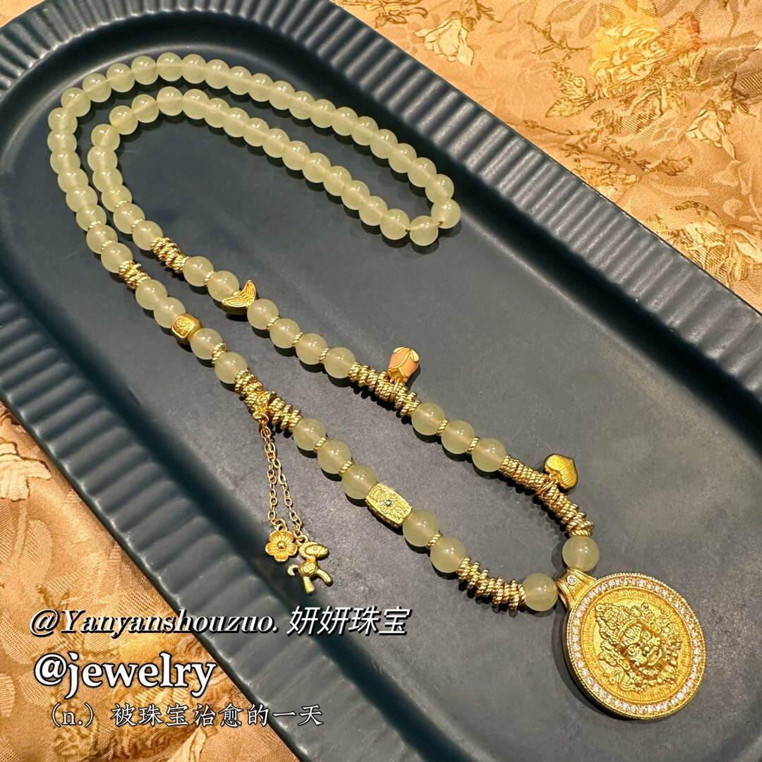 新中式国风浅色圆珠爱心花朵微镶黄财神双面吊坠百搭款项链