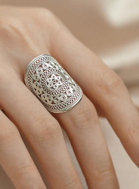 新中式足银999 苗族镂空花纹宽面戒指女复古小众民族风可调节指环