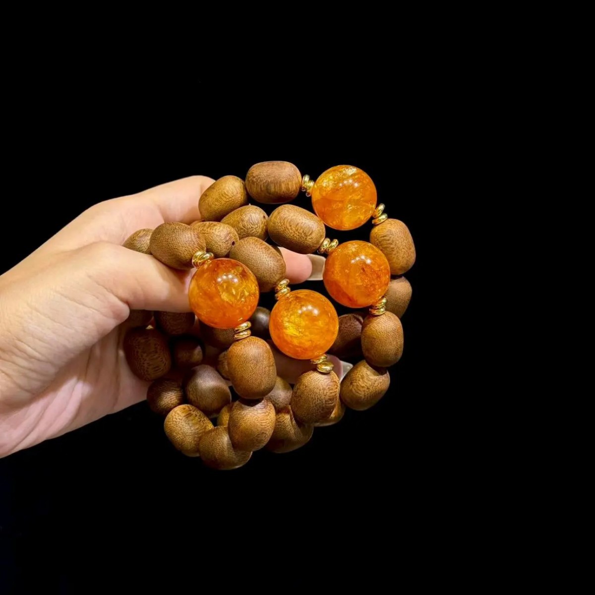天然黄金胶花搭配奇楠沉香枣珠手串黄胶花水晶手串新中式首饰新款