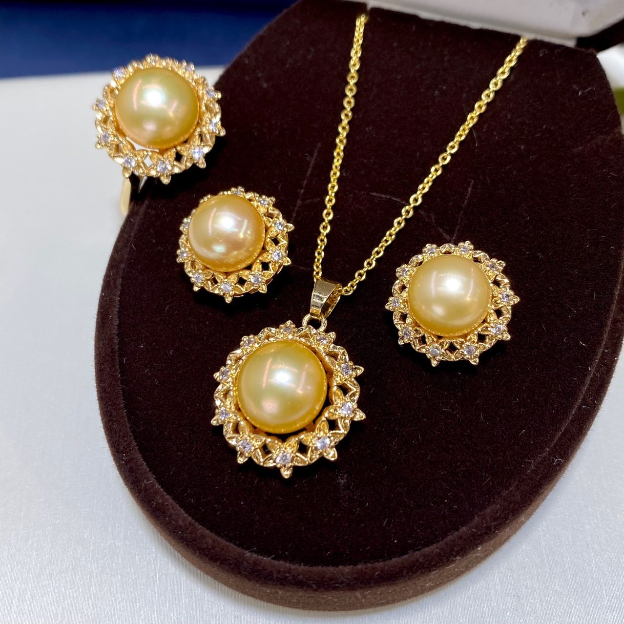 淡水珍珠套装女百搭项链纯银耳针耳钉戒指吊坠三件套跨境直播供货