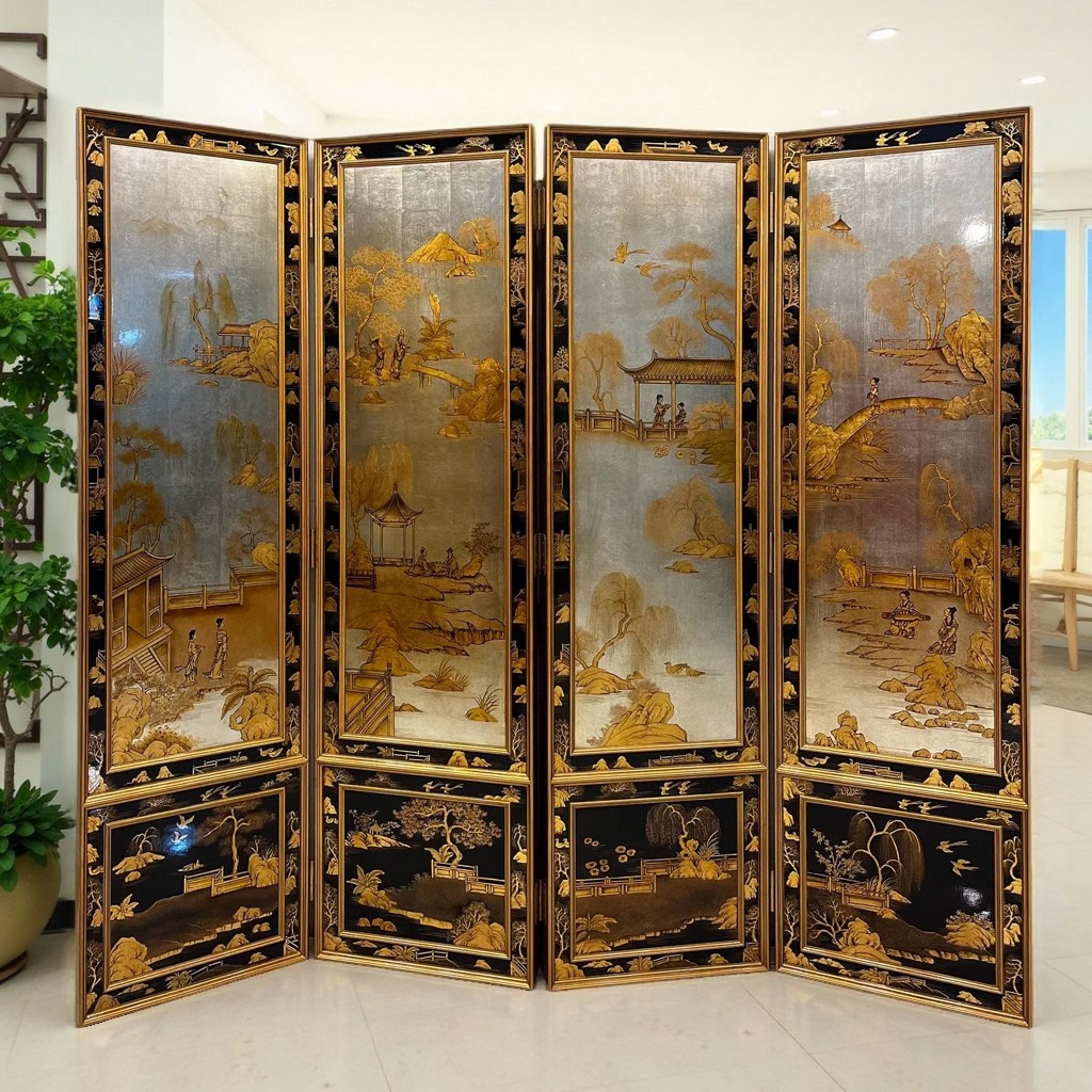 新中式手绘漆画四扇折叠屏风
