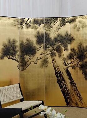 日式手绘松树金箔漆画折叠屏风