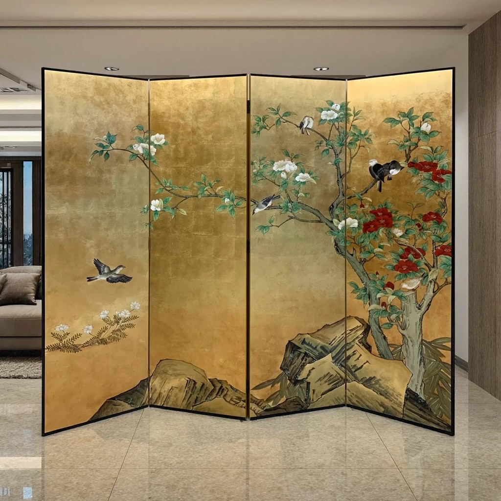 日式手绘金箔花鸟玄关折屏
