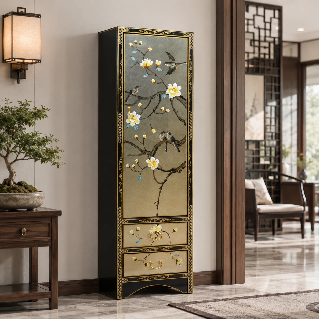 新中式金箔手绘小户型立式衣柜
