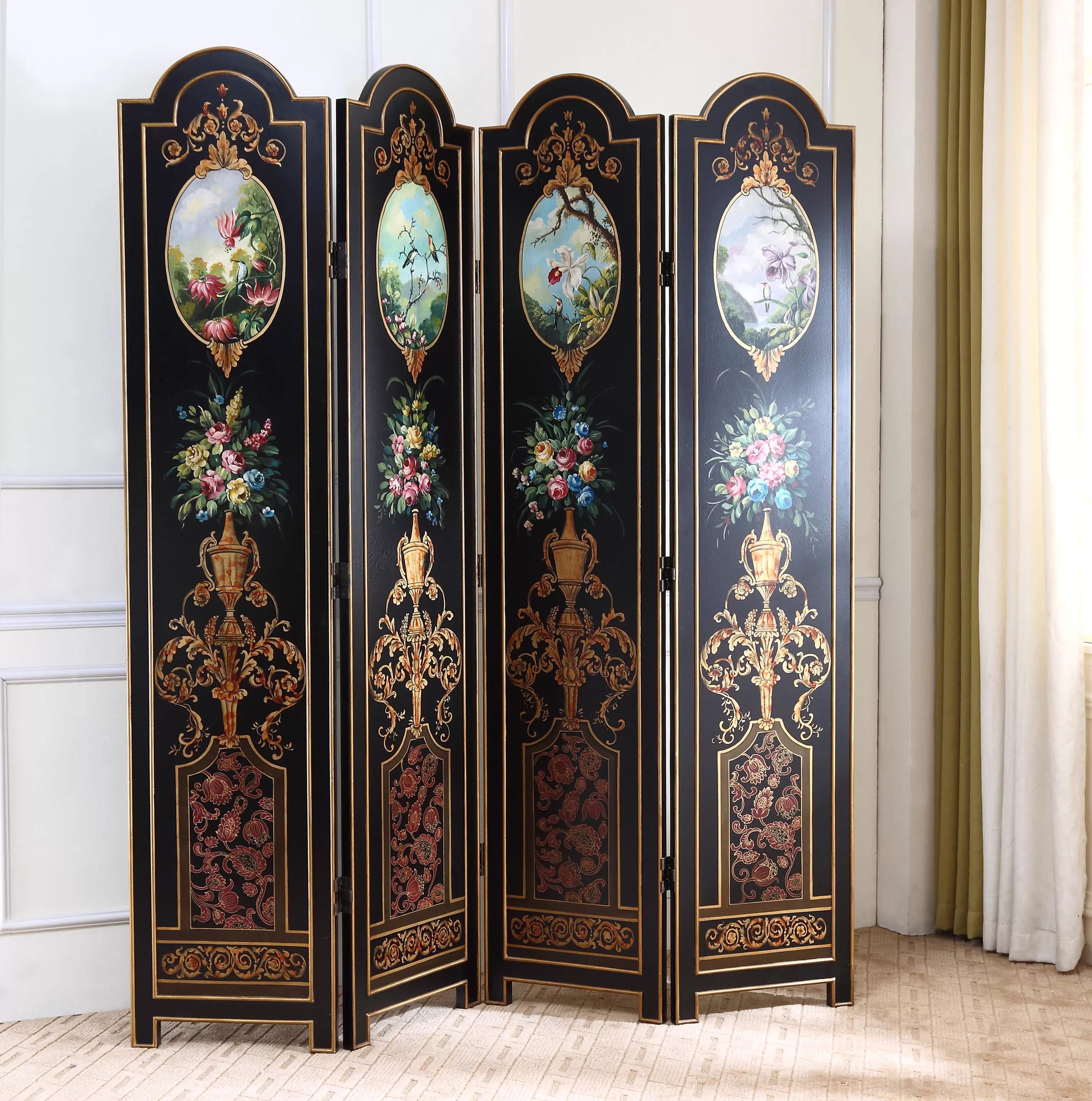 新中式复古手绘屏风移动漆画折屏