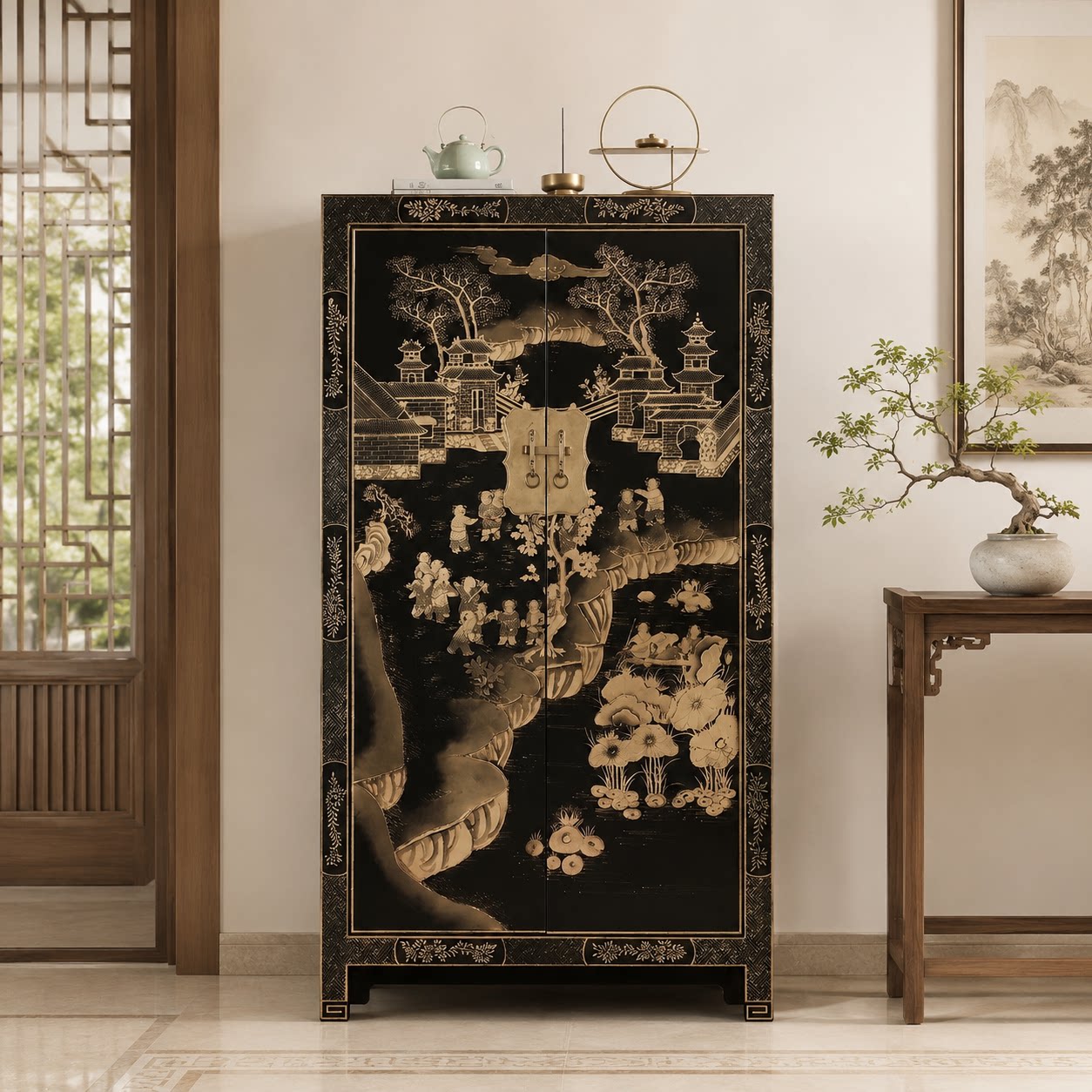 新中式家具仿古手绘衣柜黑漆描金实木柜古典明清储物酒店大堂立柜