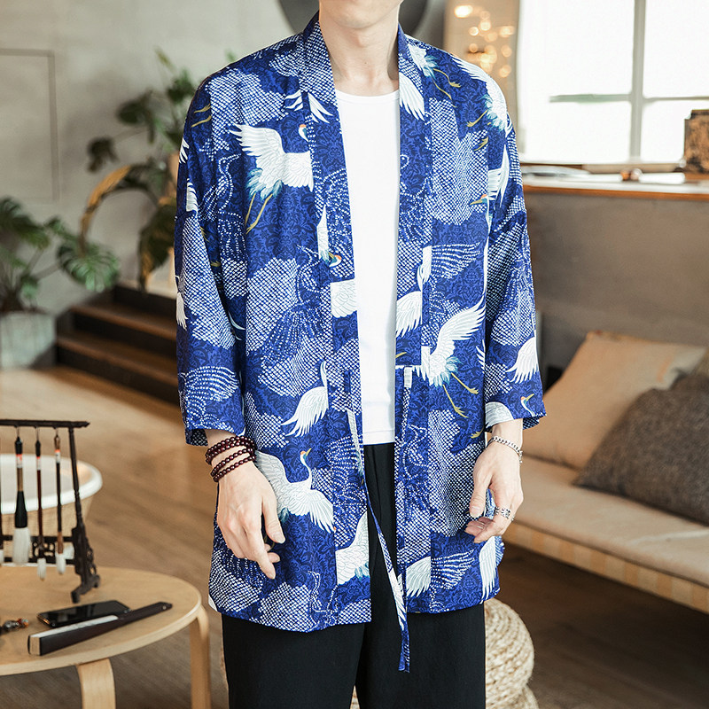 2021夏季风衣中国风男防晒衣仙鹤印花中长款披风F08-P55咖啡厅,男装风衣,电商B277(原6028)