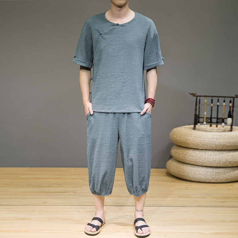 夏季新款男风冰丝套装盘扣两件套短袖+七分裤灰墙绿A22，男装套装，电商B277(原6028)