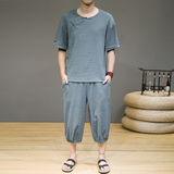 夏季新款男风冰丝套装盘扣两件套短袖+七分裤灰墙绿A22，男装套装，电商B277(原6028)