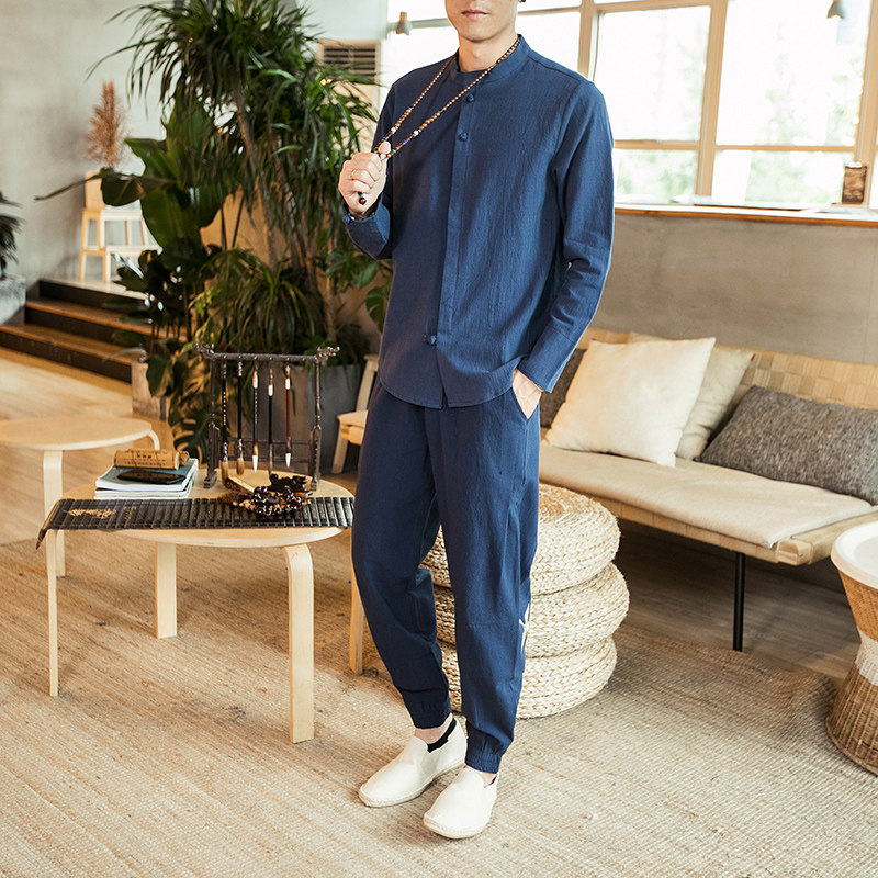 2021春季新款男装风复古棉麻套装刺绣大码两件套TZ02，男装套装，电商B277(原6028)