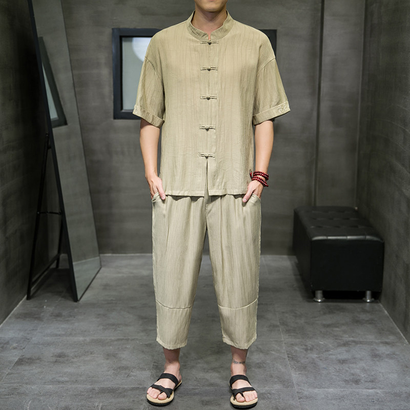 夏新款男中国风天丝套装刺绣冰丝两件套短袖+短裤卡其A20-P95,男装休闲套装,电商B277(原6028)