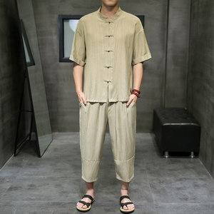 夏新款男中国风天丝套装刺绣冰丝两件套短袖+短裤卡其A20-P95