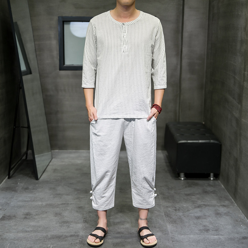 夏季新款男中国风棉麻套装盘扣两件套短袖+七分裤白色A23-P85，男装休闲套装，电商B277(原6028)