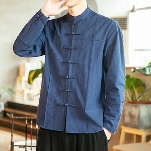 2021春季新款男装中国风衬衫中式盘扣唐装外套汉服上衣蓝 C06-P70图片