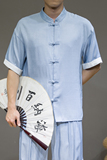 2025春季新款男原创盘扣天丝宽松风唐装短袖衬衫蓝C17-P40，男装T恤，电商B277(原6028)