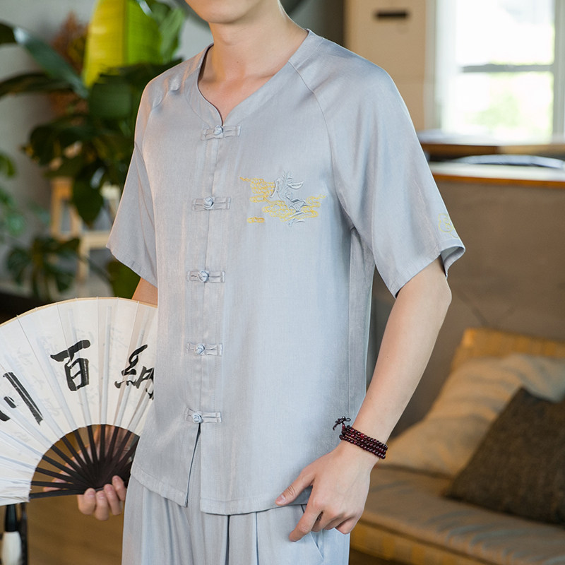 夏季新款男装天丝盘扣天丝宽松衬衣中国风绣花唐装衬衫蓝C33-P45,男装衬衫,电商B277(原6028)