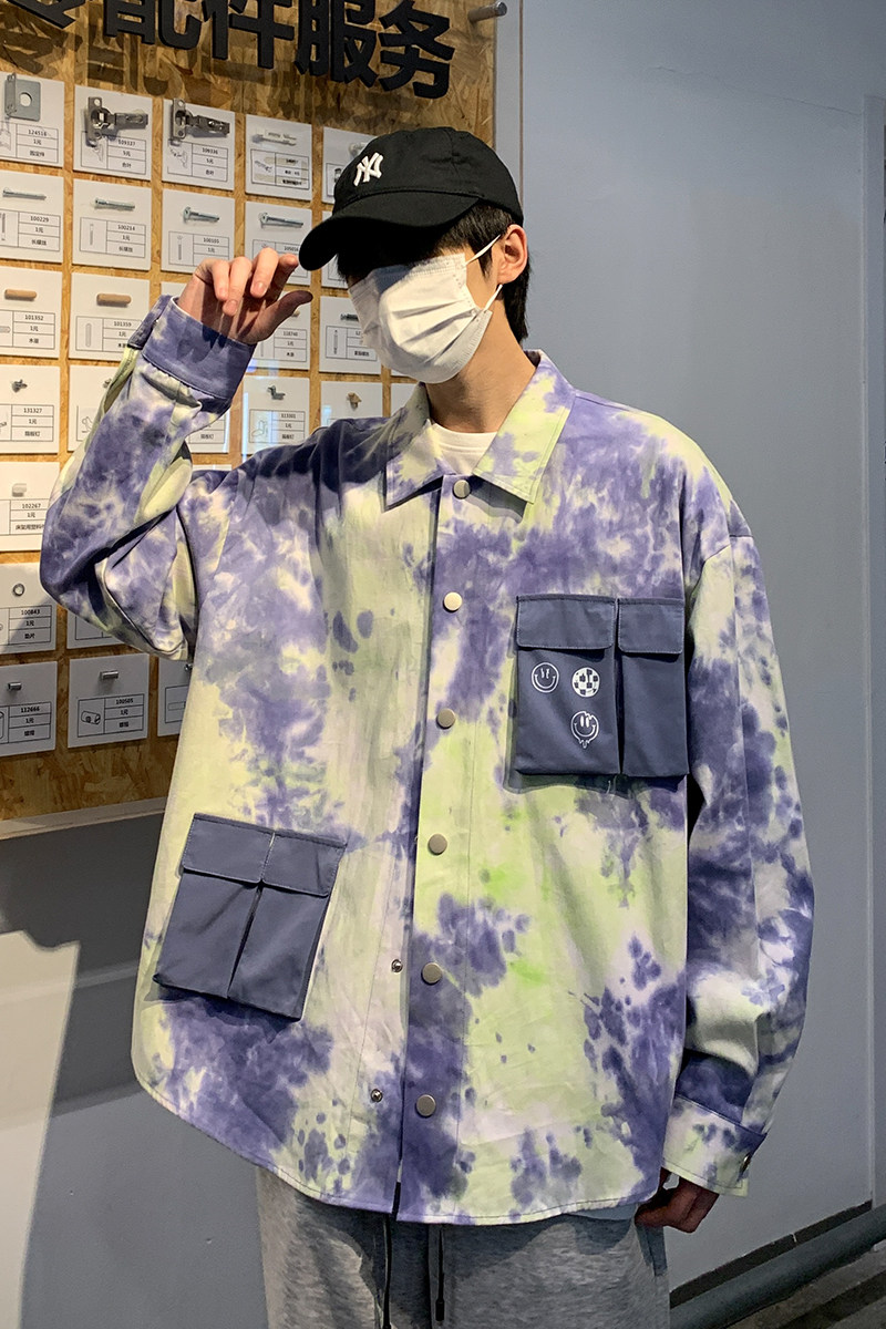 2026秋季新款港风原创衬衣夹克扎染撞色衬衫外套蓝色GC08-P75,男装夹克,电商B277(原6028)