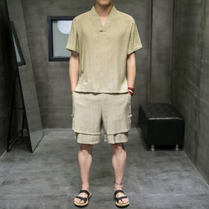 夏新款男中国风天丝套装 刺绣冰丝两件套短袖+短裤黑色 A21-P95图片