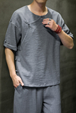 夏季新款男冰丝抗皱宽松唐装衬衣风盘扣短袖衬衫灰色C18-P55，男装T恤，电商B277(原6028)
