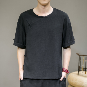 夏新款男冰丝抗皱宽松唐装衬衣风盘扣短袖衬衫灰墙绿 C18图片