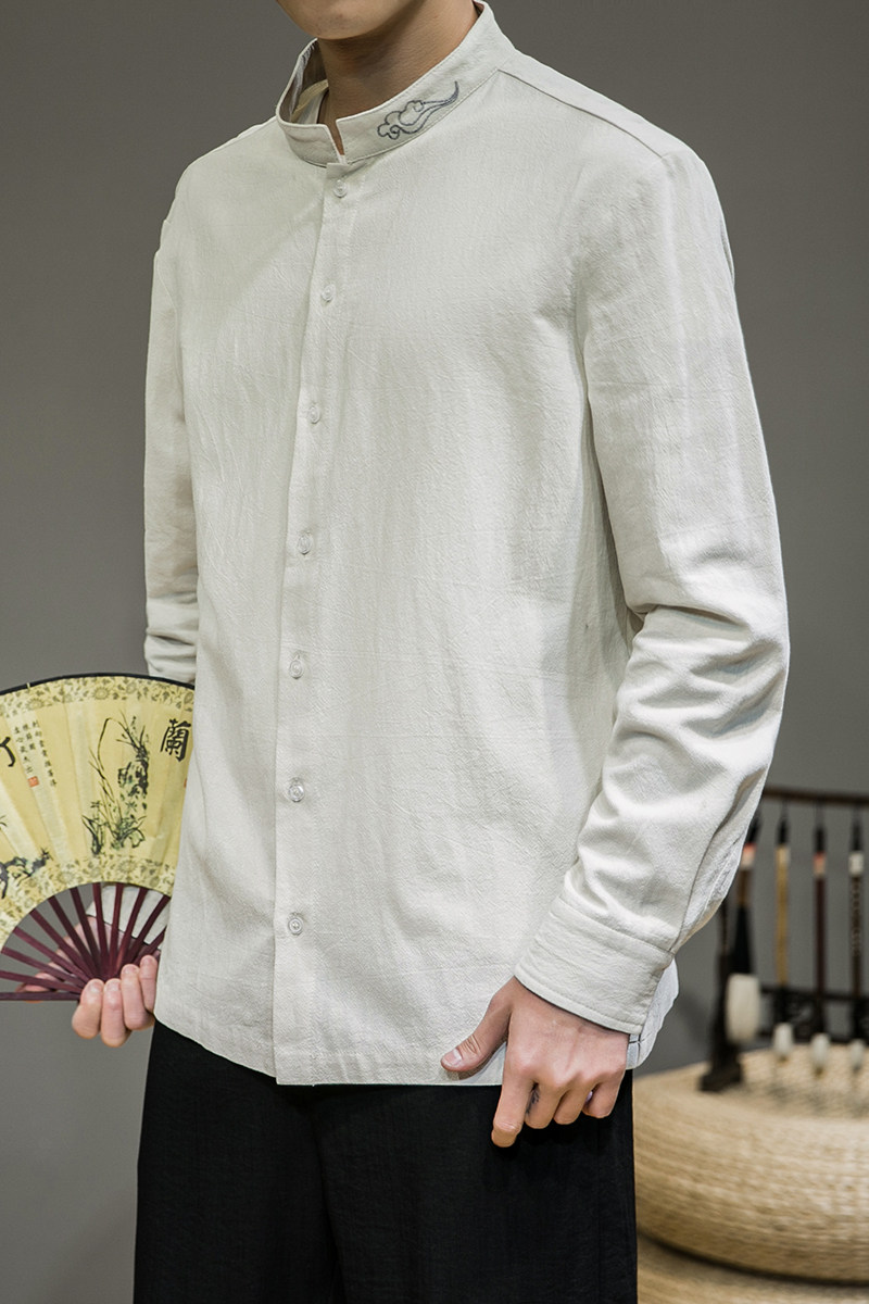 春季新款男装中国风祥云刺绣衬衣大码百搭衬衫灰墙图米白C08-P45,男装衬衫,电商B277(原6028)