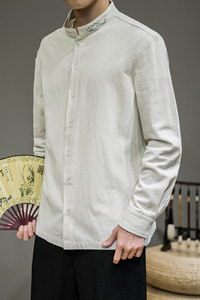 春季新款男装中国风祥云刺绣衬衣大码百搭衬衫灰墙图米白 C08-P45图片
