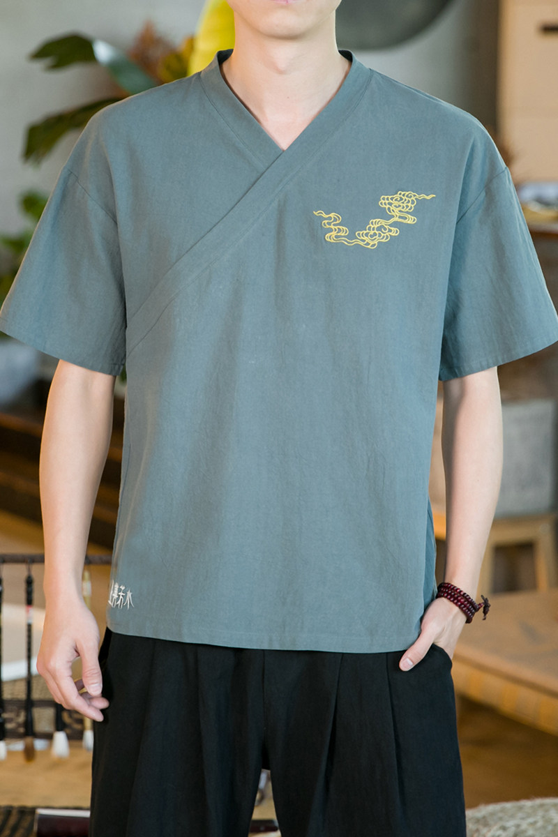 夏季新款男装棉麻刺绣宽松唐装衬衣中国风绣花短袖衬衫绿C11-P35,男装衬衫,电商B277(原6028)