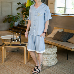 夏季新款男装中国风天丝套装 刺绣冰丝两件套短袖+短裤蓝 A19-P85图片