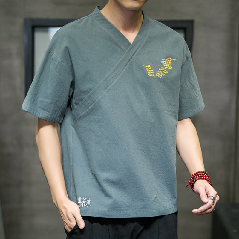 夏季新款男棉麻刺绣宽松唐装衬衣中国风绣花短袖衬衫黑C11-P35,男装衬衫,电商B277(原6028)