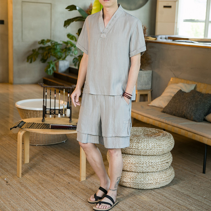 夏新款男装中国风天丝套装 刺绣冰丝两件套短袖+短裤浅灰 A21-P95图片