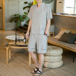 夏新款男装中国风天丝套装 刺绣冰丝两件套短袖+短裤浅灰 A21-P95图片
