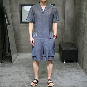 夏新款男中国风天丝套装刺绣冰丝两件套短袖+短裤深灰A21-P95