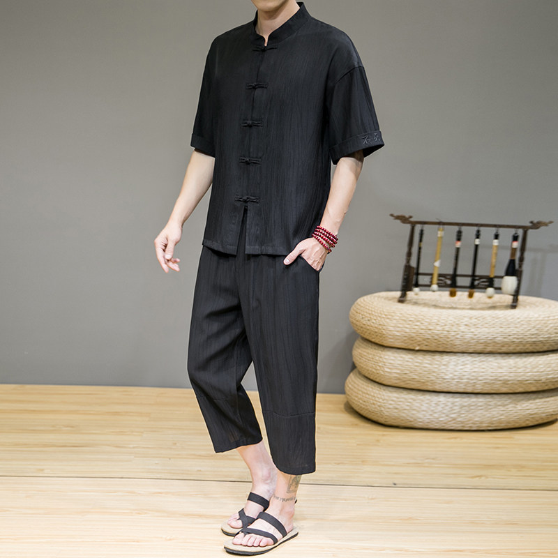 夏新款男风天丝套装刺绣冰丝两件套短袖+短裤灰墙黑A20，男装套装，电商B277(原6028)