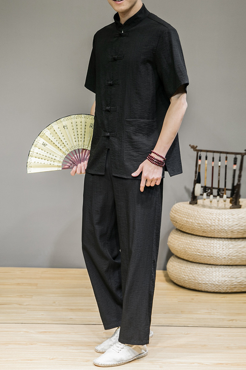 夏季新款男装套装中国风复古冰丝防皱短袖两件套灰墙黑色A13-P75,男装休闲套装,电商B277(原6028)