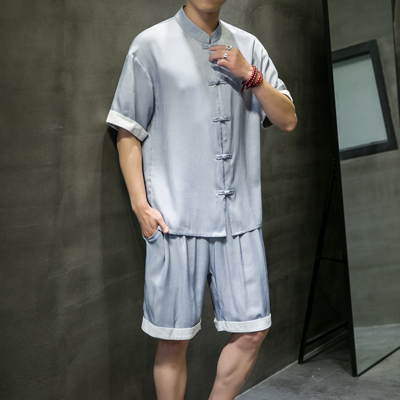 夏季新款男中国风天丝套装冰丝盘扣两件套短袖+短裤灰色A25-P85，男装休闲套装，电商B277(原6028)