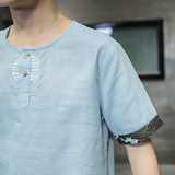 2021夏季新款男装风棉麻刺绣短袖上衣薄款亚麻T恤灰色T16，男装T恤，电商B277(原6028)