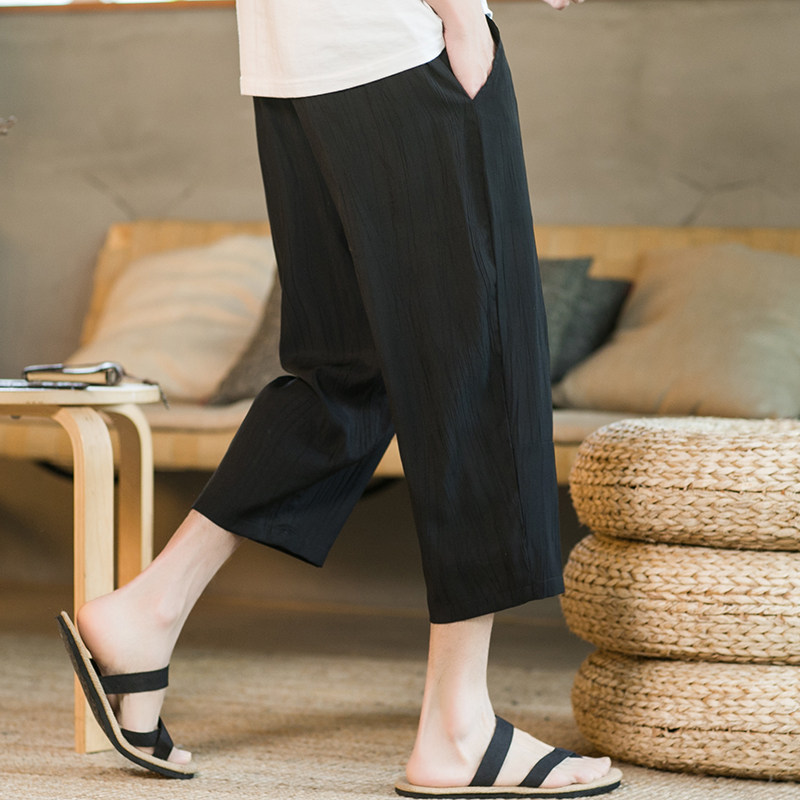 夏季新款男装冰丝抗皱透气中国风宽松七分裤咖啡厅黑色K101-P55，男装休闲裤，电商B277(原6028)