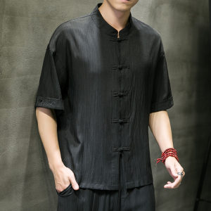2025春季新款男风棉麻盘扣冰丝唐装衬衣绣花短袖浅灰C15-P55图片