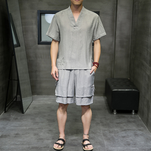 夏新款男中国风天丝套装 刺绣冰丝两件套短袖+短裤黑色 A21-P95图片